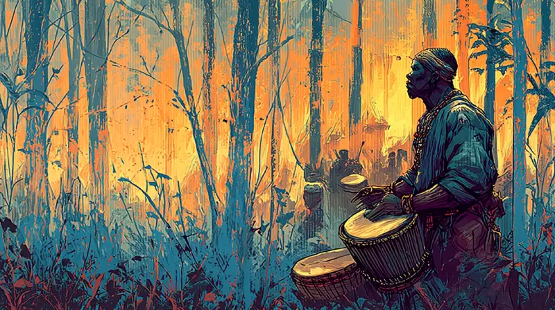 A West African drummer playing a talking drum in a dense forest